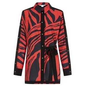 Outline Shirt Womens 8 Red Zebra Animal Print Button Up Belted Tunic Long Sleeve